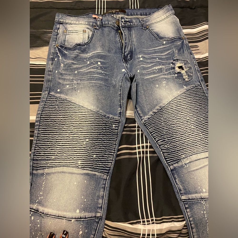 Distressed denim.